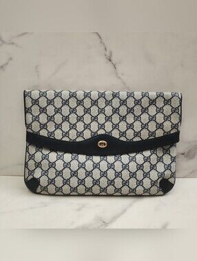 Authentic Vintage Sherry Line Navy Blue Gucci Supreme Clutch With Digital COA